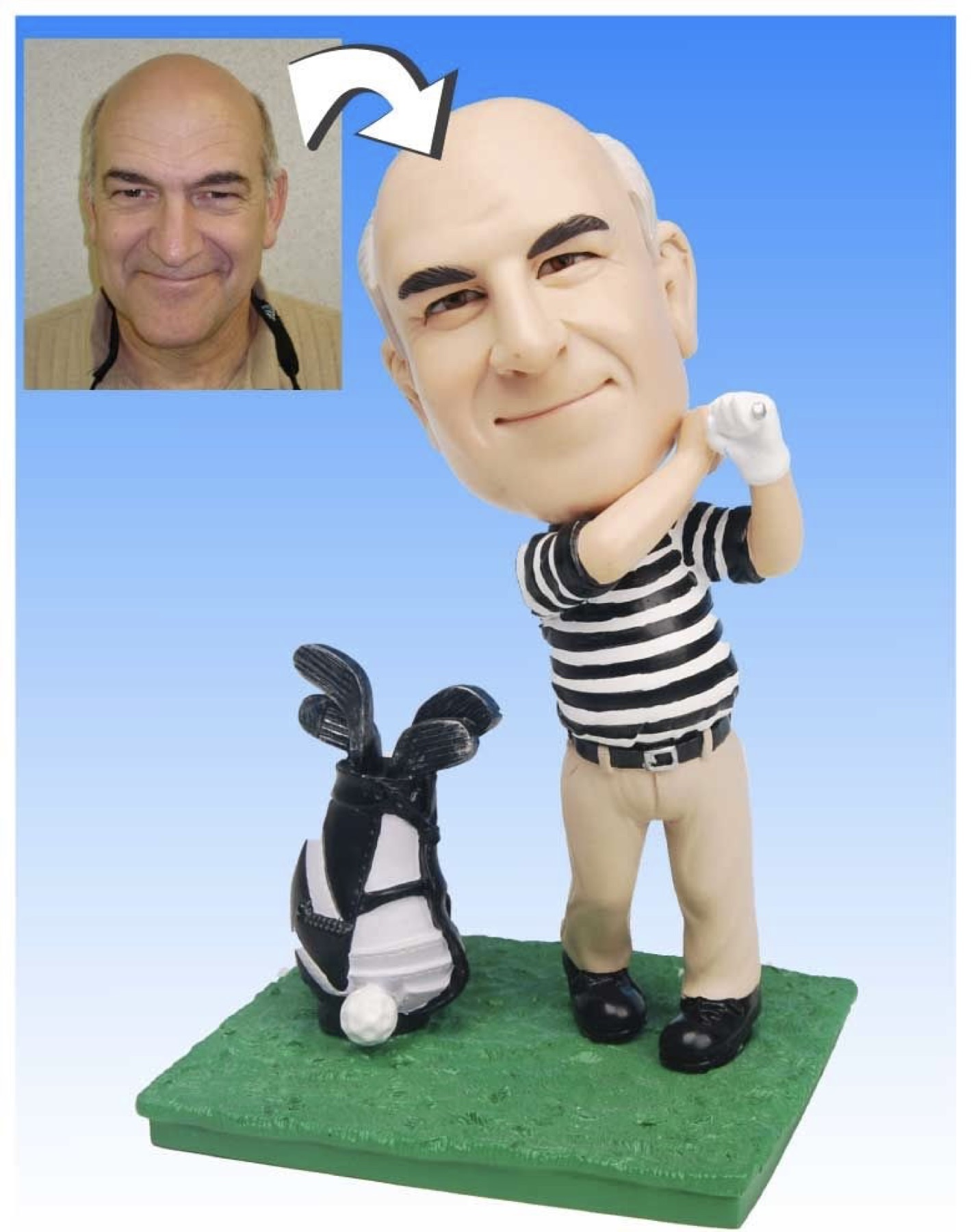 Reference photograph beside a custom golf portrait figurine